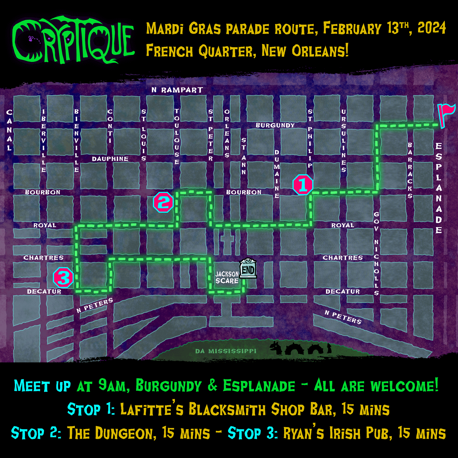 Map of our parade route for Mardi Gras 2024