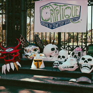 All our paper mache monster masks arranged on the steps at Jackson Square